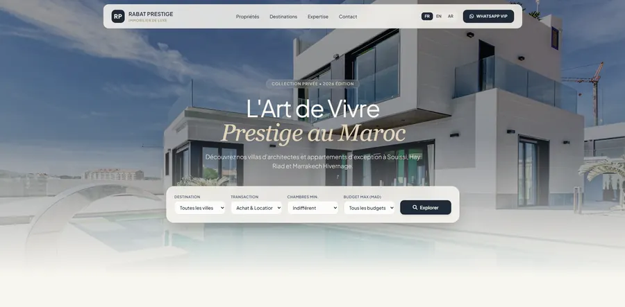 Aperçu du site de Rabat Prestige Immobilier, Site d’agence immobilière de luxe · Rabat · Souissi · Marrakech